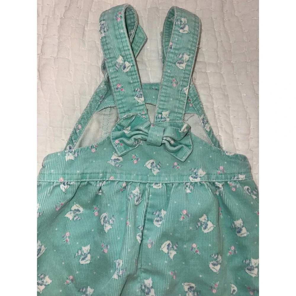 Vtg 90s OshKosh Toddler Girls 3T Corduroy Overalls Teal Cat Print USA FLAW